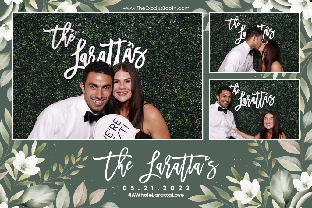 Newly married couple poses for three photo booth pictures in front of a grass wall background